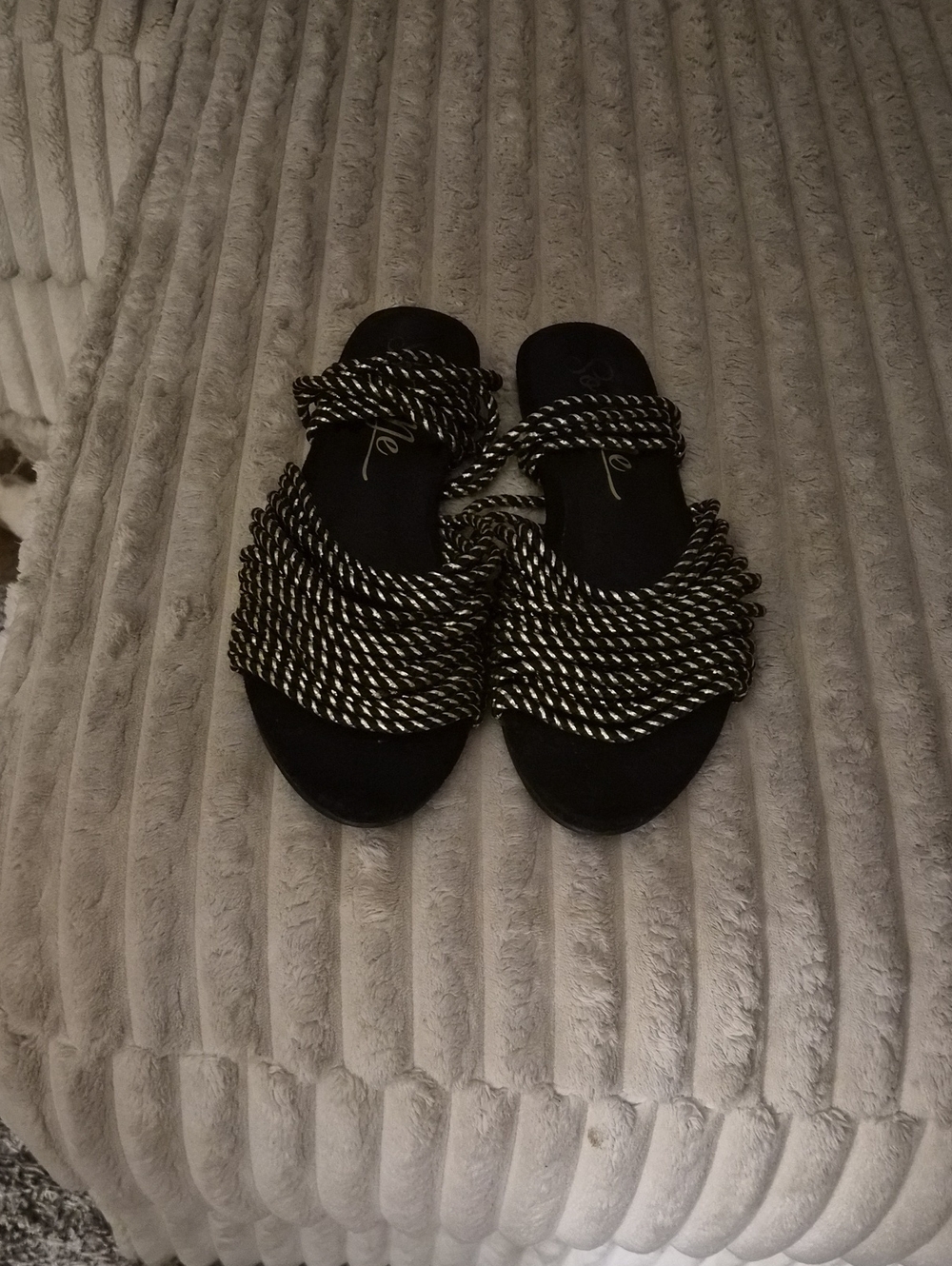 So Me Black and White Braided Rope Slide Sandals